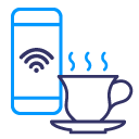 An illustration of a blue cellphone with the wifi symbol on the screen next to a black cup and dish