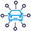 An illustration of a blue car with eight dotted lines with circles on the end sticking out of it