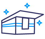 A black and blue digital illustration of a new building with a roof, one window, and three sparkles around it