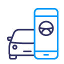 A digital illustration of a black car with its left side covered up by a blue illustration of a cellphone with a steering wheel on the screen
