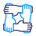 Four hands, two blue and two black, each holding wrists so they form a square
